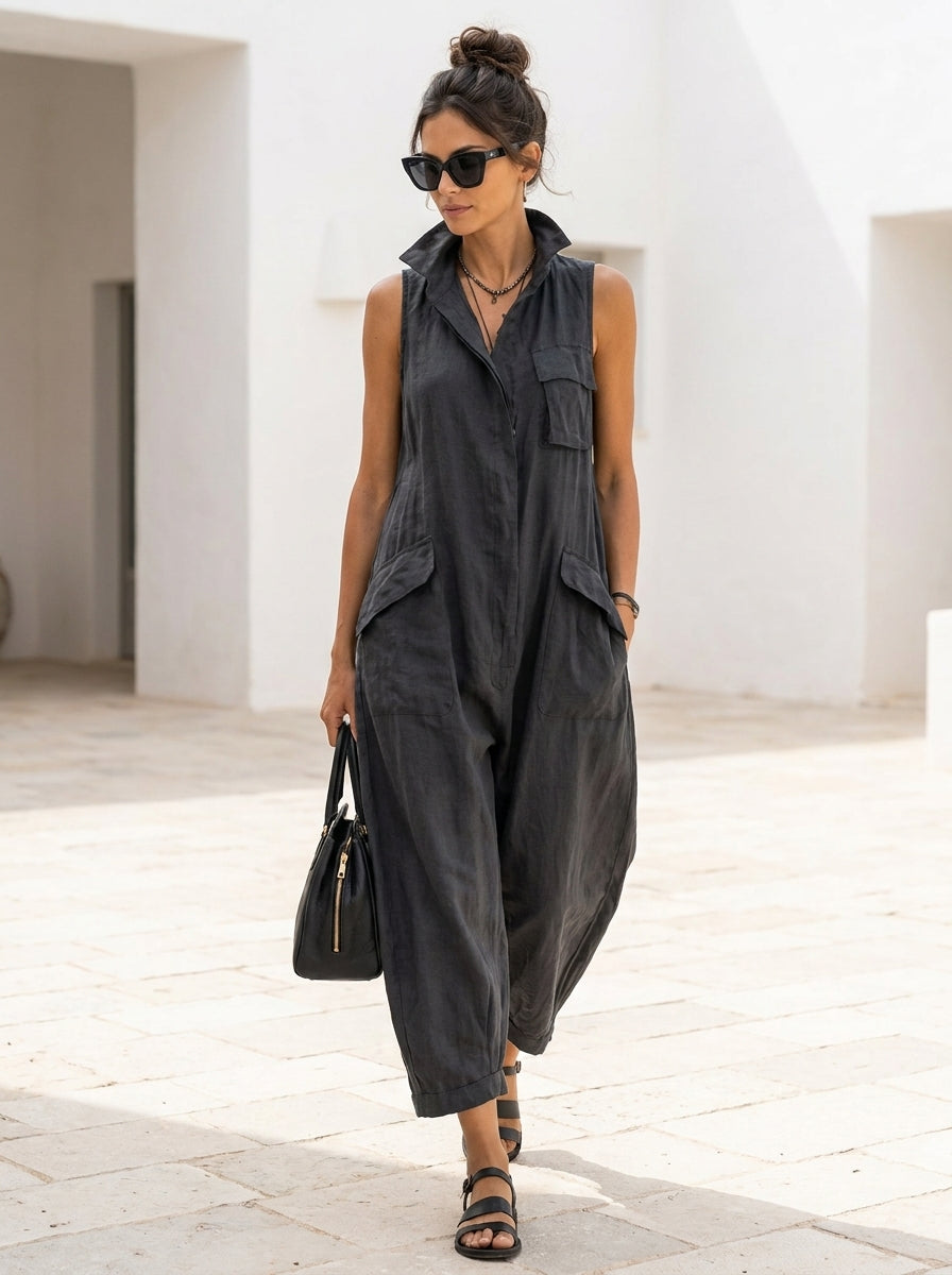 Combinaison Margaux sans manches anthracite, col chemise et poches plaquées, vue de face