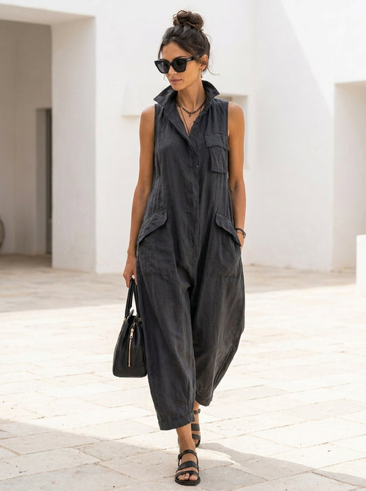 Combinaison Margaux sans manches anthracite, col chemise et poches plaquées, vue de face