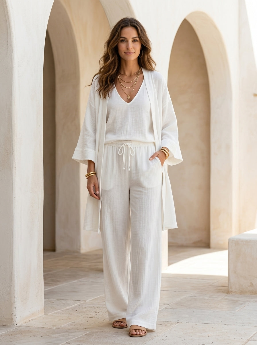 Ensemble Joséphine en lin : débardeur, pantalon large et gilet