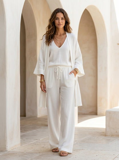 Ensemble Joséphine en lin : débardeur, pantalon large et gilet