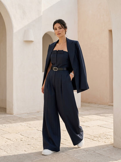 Ensemble Delphine bleu nuit à fines rayures : bustier, pantalon large et veste longue, vue de face