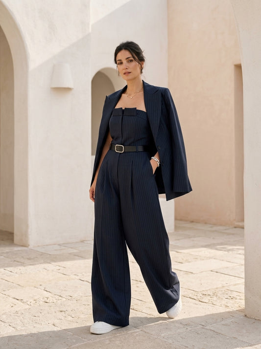 Ensemble Delphine bleu nuit à fines rayures : bustier, pantalon large et veste longue, vue de face
