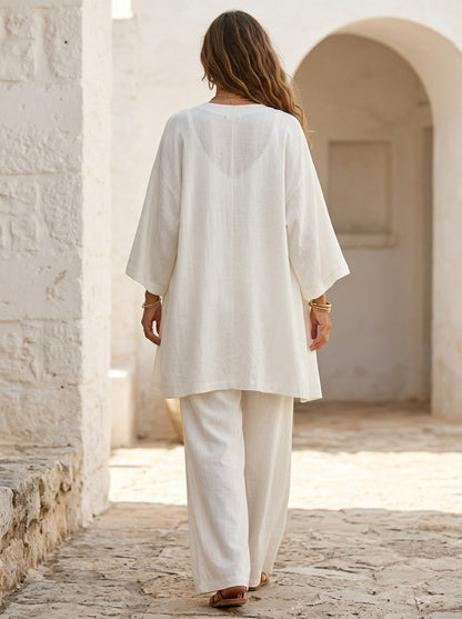 Détail du pantalon large à taille élastiquée de l'ensemble Joséphine